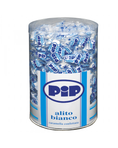 Caramelle Pip Alito bianco confezionate in monoporzioni da 1 confetto. Barattolo 800 pezzi. Ingredienti: edulcorante: sorbitolo, addensante: gomma arabica, estratto di menta, sale, cloruro di ammonio, aromi. Un consumo eccessivo può avere effetti lassativ