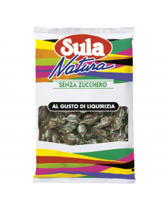 Caramelle Sula gusto liquirizia, confezionate singolarmente busta 1kg. Ingredienti: edulcorante: sorbitolo, estratto di liquirizia, 
addensante: gomma arabica, sale, cloruro d’ammonio, aroma naturale, olio di anice stellato. Un consumo eccessivo può avere