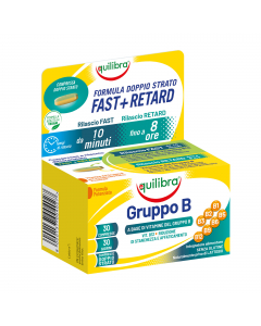 Gruppo B Equilibra è un integratore alimentare a base di Vitamine del Gruppo B in compresse doppio strato formulate con
tecnologia innovativa Fast+Retard che permette un rilascio graduale del tempo delle vitamine: Strato Fast con un alto dosaggio di Vitam