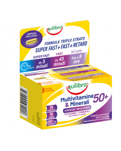 Multivitamine & Minerali 50+ Equilibra è un integratore alimentare a base di Vitamine e Minerali in compresse triplo strato formulate con tecnologia innovativa Super Fast + Fast + Retard che permette un rilascio graduale nel tempo delle vitamine e dei min