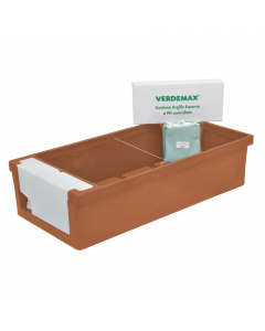 Orto urbano: comprende una vasca in PE colore terracotta che può contenere fino a 100lt di terriccio, un serbatoio per acqua da 6 litri con rubinetto, un tessuto non tessuto capillare di misura cm 80 x 130 e un sacchetto di argilla espansa. Dimensioni del