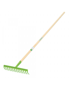 Attrezzi con manico in legno di faggio 130cm Ø24mm certificato FSC e rastrello 14 denti (35x9cm) in acciaio verniciato con polveri epossidiche. Sono robusti, con garanzia di lunga durata nel tempo. Ideali per la lavorazione del terreno, in agricoltura, ne