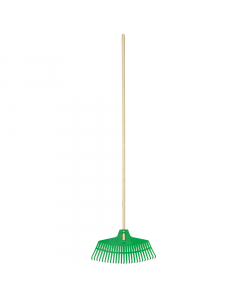 Scopa a 25 denti per erba e foglie in PP con manico in legno. Dimensioni: 47 x 165cm.