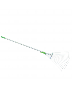 Scopa a 15 denti in metallo per erba e foglie. Manico 120cm, raggera dei denti regolabile da 17 a 55cm.  Ideale per la lavorazione del terreno, in agricoltura, nell’orto e nel giardino.