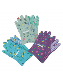 Guanti da giardino bambino in cotone fantasie assortite, palmo puntinato in pvc. Misura S