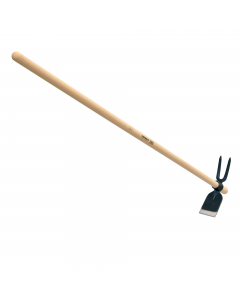 Attrezzi con manico in legno di faggio 125cm Ø 27mm certificato FSC e zappa quadra bidente in acciaio verniciato con polveri epossidiche. Sono robusti, con garanzia di lunga durata nel tempo. Ideali per la lavorazione del terreno, in agricoltura, nell’ort