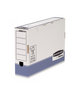Scatole archivio Bankers Box System nel formato  Large. Aree etichettabili sui dorsi. Patella di chiusura per una maggiore sicurezza. Formato utile LxHxP 8,3x25,3x33,5cm. Confezione da 10 scatole.