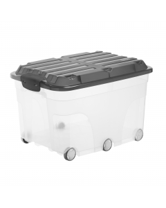 Scatole in robusto ppl con coperchio bloccabile. Grazie agli incavi sul coperchio, possono essere perfettamente sovrapposte fra loro nonostante le ruote. Contenitore dotato di 6 ruote. Dimensione: 59,5x40xH37cm. Capacità 57 litri.