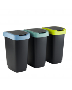 Pattumiere in PPL con doppia apertura: tradizionale su perno posteriore o basculante. Portasacchetti nascosto. Pattumiera 50Lt - 40,1x29,8x60,2cm. Prodotto in Svizzera. Doppia modalità di apertura: tradizionale e basculante. Kit di 3 contenitori in colori
