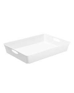Vassoio portaoggetti in polipropilene lucido, elegante e resistente. Dimensioni (LxPxH) 37,5x26,6x6 cm Capacità 4,5 l Colore bianco