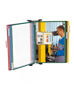 Base in metallo con 10 buste in PVC con apertura superiore e bordo rinforzato con anima in acciaio e 5 cavalierini da 50 mm. Angoli in plastica che permettono di inclinare il leggio per facilitare la lettura - Ampliabile all’infinito. F.to A3. Colore: mul