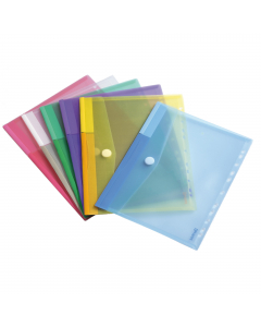 Buste con foratura universale in PPL con chiusura in velcro. Colori opalescenti. Dimensioni 24,6x31,5cm (contiene formato A4). Capacità circa 50-60 fogli.