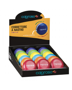 Espositore da banco con 18 nastri correttore, larg. 5mm x lungh. 6mt, in 6 colori assortiti.