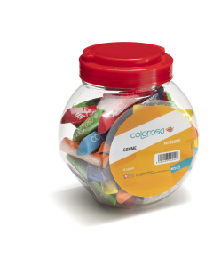 Espositore da banco con 48 gomme a forma di gessetto lungh. 8cm, in 6 colori assortiti.