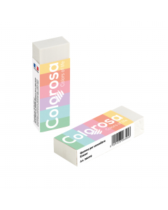 Display da banco con 20 gomme bianche in vinile. Dimensioni: 6,2x1,2x2,2cm. Conferzionate singolarmente e dotate di fascetta personalizzata Colorosa Pastel.