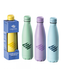 Borraccia termica da 500ml in acciao inox. Dotata di chiusura ermetica a vite. Tappo con interno in PP e guarnizione in silicone NO BPA. Mantiene temperatura delle bevande: caldo 12 ore, freddo 24 ore. 4 colori assortiti Colorosa Pastel.