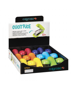 Espositore da banco con 18 cucitrici. Prodotte in materiale plastica ABS e metallo. Cucitura a punto chiuso 12/6, max 10 fogli. Disponibile in 6 colori assortiti.