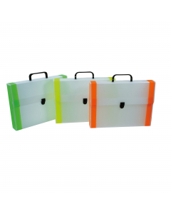 Valigetta in polionda bianca con bordi in colori fluorescenti assortiti. Maniglia e 1 chiusura in colore nero.