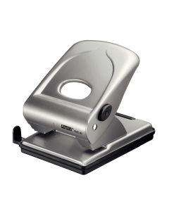 Perforatore FMC40 a 2 fori passo 8cm con guida regolabile. Struttura in metallo e base removibile per la raccolta degli sfridi. Dotato di dispositivo di bloccaggio salvaspazio per la leva di perforazione. Foro da 5,5mm.