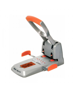 Perforatore HDC150 a 2 fori passo 8cm con guida regolabile. Impugnatura ergonomica in gomma antiscivolo e centratura automatica della carta riducono al minimo la forza necessaria per la perforazione. Foro da 5,5mm.