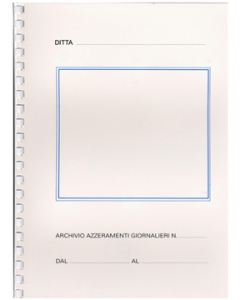 Registro azzeramenti giornalieri 21x29,7cm, per scontrini in carta termica da 37,5mm a 63mm di altezza. La normativa prevede che gli scontrini riepilogativi di chiusura giornaliera vengano conservati per 10 anni. Evitare il contatto degli scontrini con pr