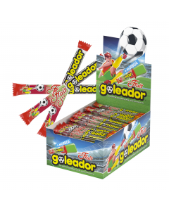 Goleador Fruit extra gusto, la doppia caramella gommosa al gusto frutta, senza glutine, in display da 200 pezzi. 
Ingredienti: sciroppo di glucosio, zucchero, gelatina alimentare, acidificante: acido citrico, aromi, concentrato vegetale (spirulina, cartam