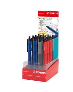 Espositore da banco con 16 roller gel a scatto in 3 colori assortiti.