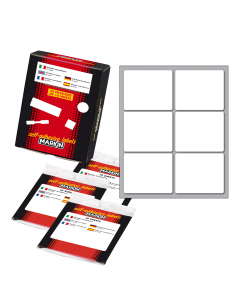 Busta da 10 fogli formato 125x152.5mm di etichette bianche permanenti. Ogni foglio contiene 6 etichette da 56x46mm.