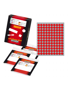 Busta da 10 fogli formato 125x152.5mm di etichette rosso permanenti. Ogni foglio contiene 120 etichette tonde da 10mm.