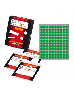 Busta da 10 fogli formato 125x152.5mm di etichette verde permanenti. Ogni foglio contiene 120 etichette tonde da 10mm.