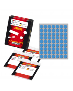 Busta da 10 fogli formato 125x152.5mm di etichette blu permanenti. Ogni foglio contiene 63 etichette tonde da 14mm.