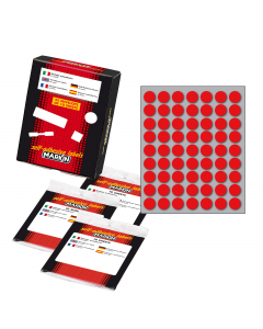 Busta da 10 fogli formato 125x152.5mm di etichette rosso permanenti. Ogni foglio contiene 63 etichette tonde da 14mm.