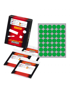 Busta da 10 fogli formato 125x152.5mm di etichette verde permanenti. Ogni foglio contiene 42 etichette tonde da 18mm.