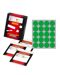 Busta da 10 fogli formato 125x152.5mm di etichette verde permanenti. Ogni foglio contiene 20 etichette tonde da 27mm.