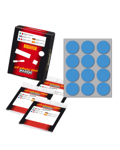 Busta da 10 fogli formato 125x152.5mm di etichette blu permanenti. Ogni foglio contiene 12 etichette tonde da 34mm.