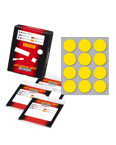 Busta da 10 fogli formato 125x152.5mm di etichette giallo permanenti. Ogni foglio contiene 12 etichette tonde da 34mm.
