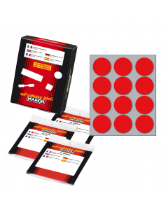 Busta da 10 fogli formato 125x152.5mm di etichette rosso permanenti. Ogni foglio contiene 12 etichette tonde da 34mm.