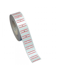 Etichette rettangolari permanenti formato 21x12mm per prezzatrici. Rotolo da 1000 etichette bianche con righe rosse.  Adesivo permanente. Compatibili con prezzatrici TOWA GS, TOWA GM, MOTEX 5500.
