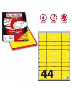 Scatola da 100fg da 21x29,7cm di etichette adesiva permanente giallo fluo. Etichette con angoli tondi. Adatte per stampanti inkjet, laser e copy.