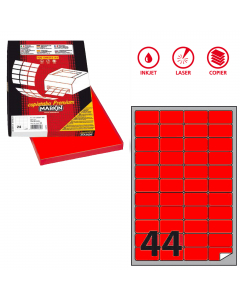 Scatola da 100fg da 21x29,7cm di etichette adesiva permanente rosso fluo. Etichette con angoli tondi. Adatte per stampanti inkjet, laser e copy.