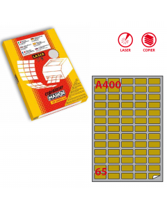 Scatola da 100 fogli A4 di etichette autoadesive permanenti in carta satinata oro. Etichette con angoli arrotondati. Stampabili solo con laser e fotocopy. Dimensioni etichette: 38,1x21,2mm. 65 etichette/foglio.