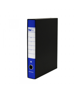 Registratore STARLINE modello StarBox, con struttura in cartone rivestita in carta goffrata stampata e risguardo bianco. Dotato di meccanismo a leva in acciaio nichelato con pressino. Custodia in fibrone nero rivestita in carta usomano. Anello di estrazio