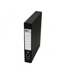 Registratore STARLINE modello StarBox, con struttura in cartone rivestita in carta goffrata stampata e risguardo bianco. Dotato di meccanismo a leva in acciaio nichelato con pressino. Custodia in fibrone nero rivestita in carta usomano. Anello di estrazio