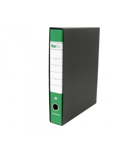 Registratore STARLINE modello StarBox, con struttura in cartone rivestita in carta goffrata stampata e risguardo bianco. Dotato di meccanismo a leva in acciaio nichelato con pressino. Custodia in fibrone nero rivestita in carta usomano. Anello di estrazio