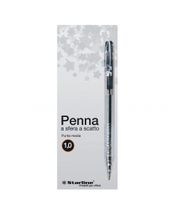 Penna a sfera a scatto STARLINE economica e di ottima qualità. Fusto trasparente. Pulsante del colore dell’inchiostro. Punta media 1,0mm. Colore: nero.
Confezione 20 pezzi.