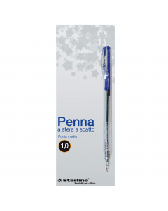 Penna a sfera a scatto STARLINE economica e di ottima qualità. Fusto trasparente. Pulsante del colore dell’inchiostro. Punta media 1,0mm. Colore: blu.
Confezione 20 pezzi.