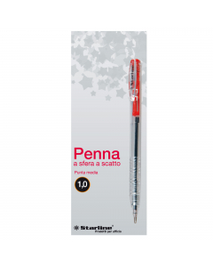 Penna a sfera a scatto STARLINE economica e di ottima qualità. Fusto trasparente. Pulsante del colore dell’inchiostro. Punta media 1,0mm. Colore: rosso.
Confezione 20 pezzi.