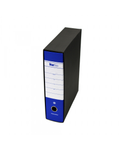 Registratore STARLINE modello StarBox, con struttura in cartone rivestita in carta goffrata stampata e risguardo bianco. Dotato di meccanismo a leva in acciaio nichelato con pressino. Custodia in fibrone nero rivestita in carta usomano. Anello di estrazio