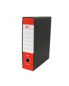 Registratore STARLINE modello StarBox, con struttura in cartone rivestita in carta goffrata stampata e risguardo bianco. Dotato di meccanismo a leva in acciaio nichelato con pressino. Custodia in fibrone nero rivestita in carta usomano. Anello di estrazio