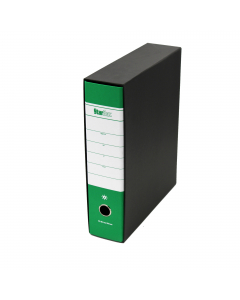 Registratore STARLINE modello StarBox, con struttura in cartone rivestita in carta goffrata stampata e risguardo bianco. Dotato di meccanismo a leva in acciaio nichelato con pressino. Custodia in fibrone nero rivestita in carta usomano. Anello di estrazio